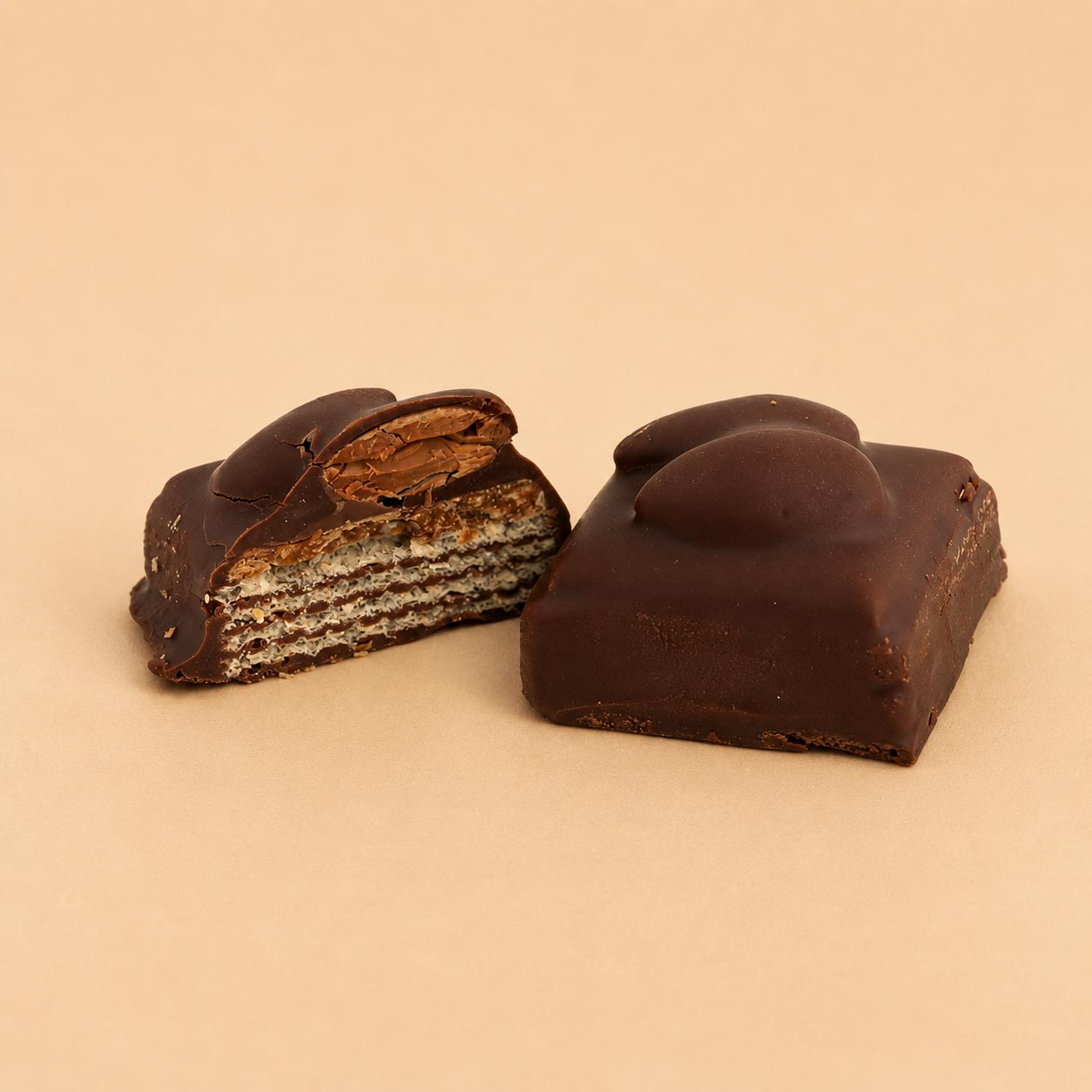 WAFER CARAMEL ALMOND Wafer, Caramel Whole Almond on top Coated with Chocolate