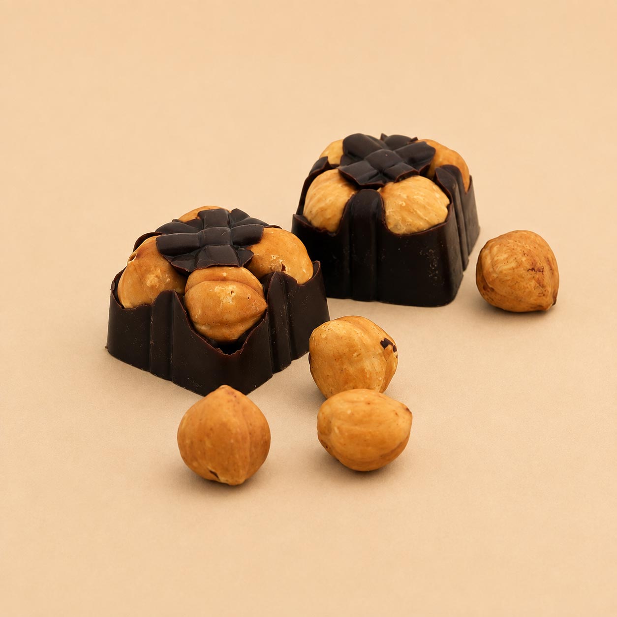 Hazelnut on top with broken pieces